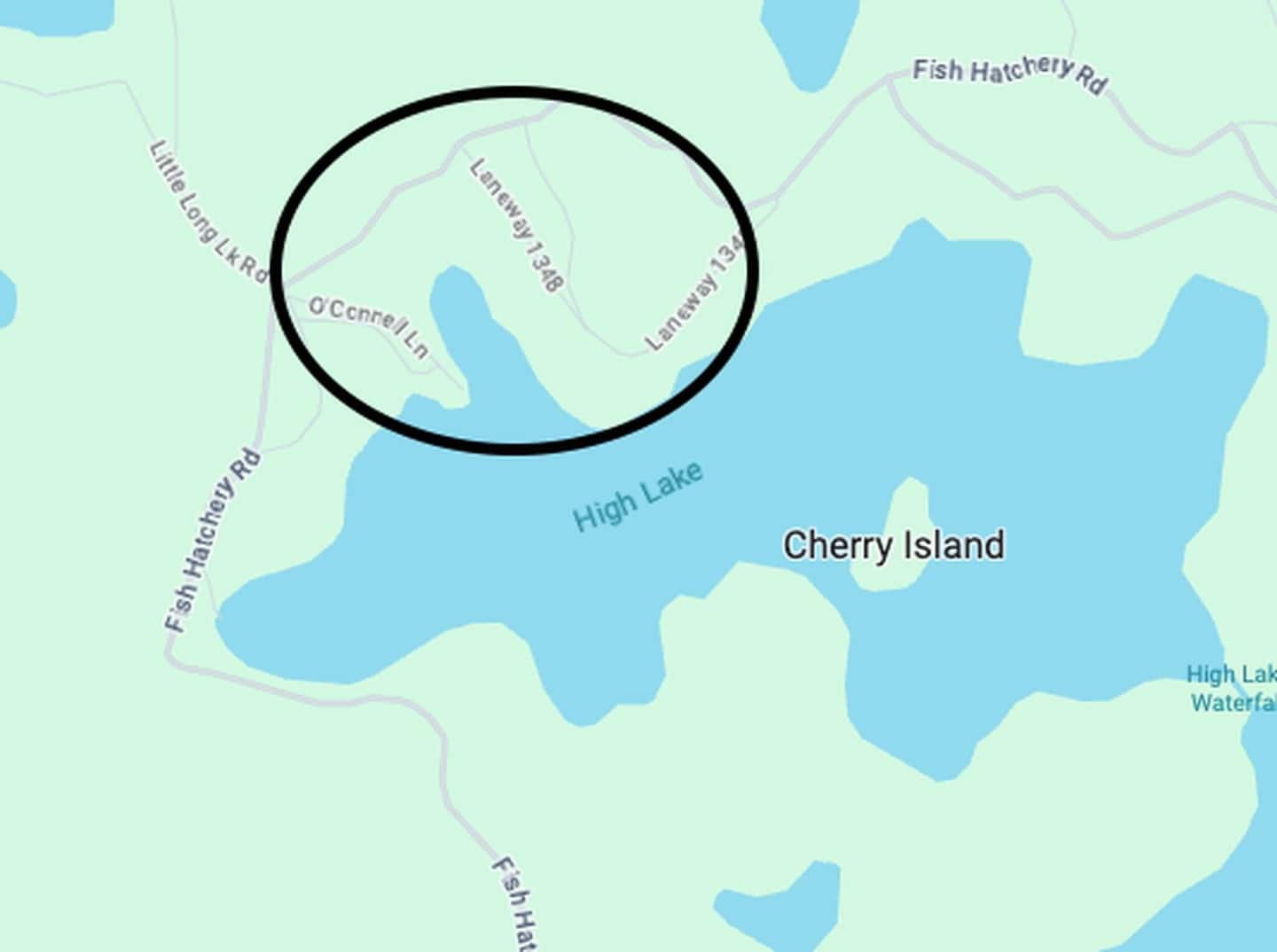 Map showing the cottage’s location on the north shore of High Lake near Cherry Island